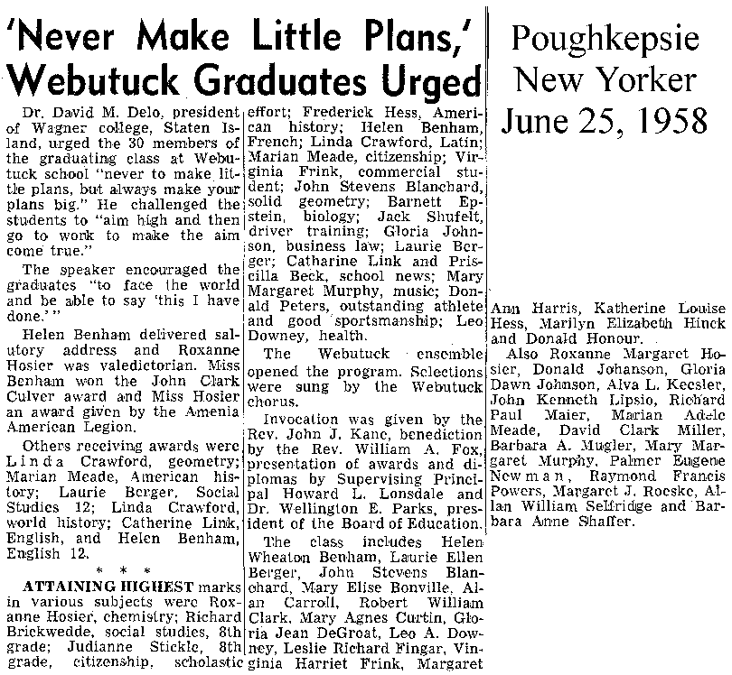 Newspaper Article from the July 25, 1958 Poughkeepsie New Yorker